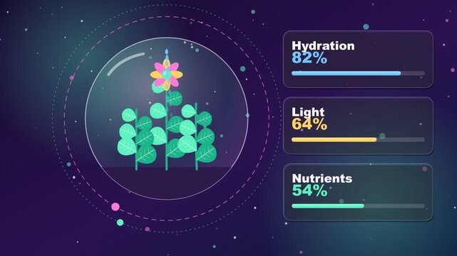 Futuristic plant growing inside a protective glass dome with digital HUD monitoring hydration and nutrients on a dark solid background, motion graphics animation
