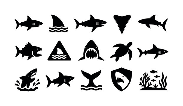 Shark Ocean Symbols &mdash; solid glyph icon set with 15 fully filled black glyph icons in a 5x3 layout showing shark profile, shark fin, great white silhouette, shark teeth, swimming shark, predator fish,