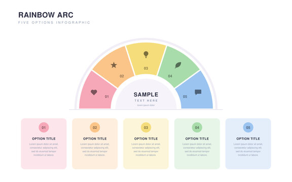 Pastel rainbow half donut arc infographic with five options and matching description cards below
