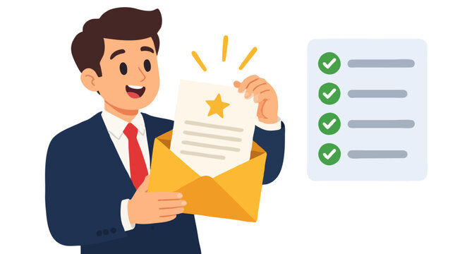 Happy businessman pulling glowing recommendation letter from envelope with golden star, qualification checklist with green checkmarks, flat vector cartoon illustration -