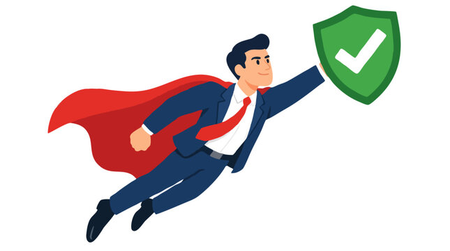 Superhero businessman flying upward with cape and giant green checkmark shield, bold flat vector illustration of quality approval, trust and guaranteed success - detailed commercial stock imagery