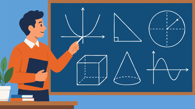 Flat vector illustration of smiling male teacher in orange sweater pointing at blue chalkboard with white mathematical geometric diagrams parabola triangle circle cube cone sine wave in classroom