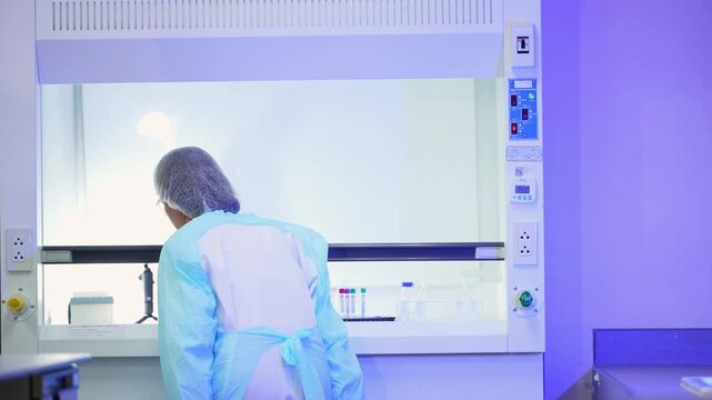 Rear view of a scientist in a pale blue backless gown and hairnet walking up to a fume hood and working at the counter, lab bathed in blue-violet light