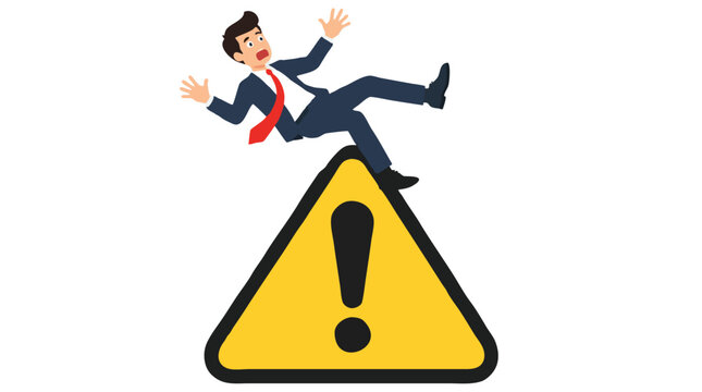 Businessman slipping backward on giant yellow exclamation warning sign, risk and caution concept, bold flat vector illustration of corporate danger and financial mistake detailed commercial stock