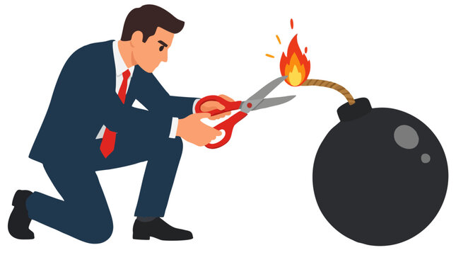 Flat vector illustration of a businessman in a navy suit carefully cutting a burning fuse on a round black bomb with red scissors, time bomb defusal, business crisis and deadline concept