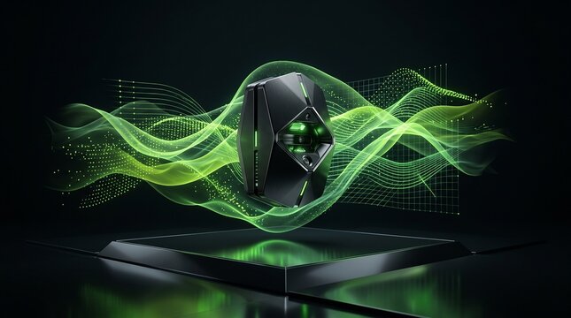 Futuristic air quality sensor surrounded by lime neon airflow data, advanced environmental monitoring and pollution detection concept
