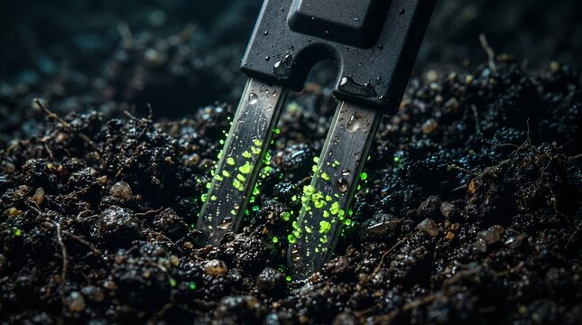 Macro soil moisture sensor probe measuring underground water content with lime neon particles, precision agriculture concept