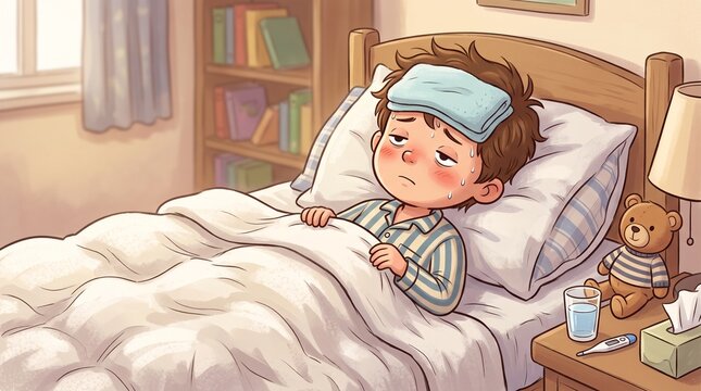Sick little boy with fever resting in bed at home