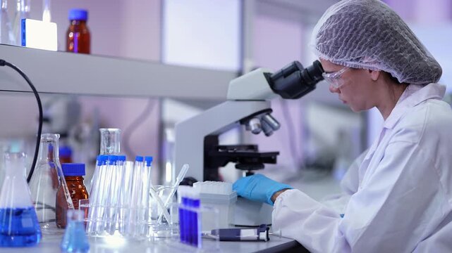 Side view of a scientist in a hairnet peering through a microscope with racks of blue test tubes, flasks and amber bottles on the bench, cool lab lighting