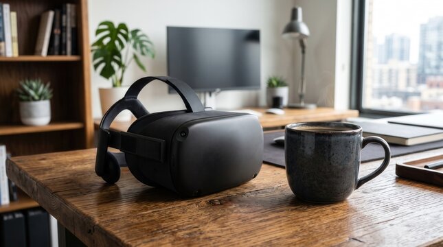 A virtual reality headset beside a coffee cup on a wooden desk