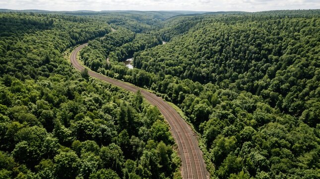 Aerial view of a winding railway through a lush green forest landscape