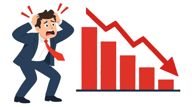 Panicked businessman clutching his head beside crashing bar charts and a plunging red arrow, flat vector illustration of financial crisis and falling business revenue - detailed commercial stock