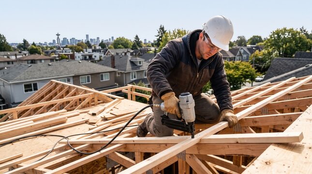 Construction worker using a nail gun on a house roof in a city