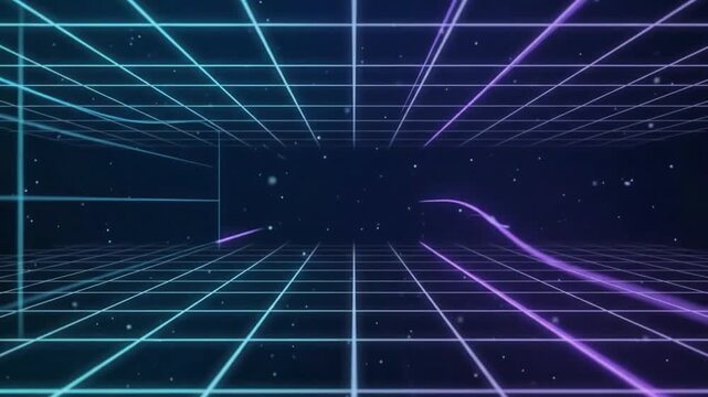Abstract tech background with glowing perspective grid and cyan violet light on navy