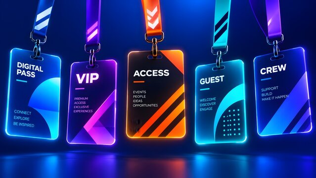 Glowing digital access passes and VIP event lanyards representing corporate identity and security clearance