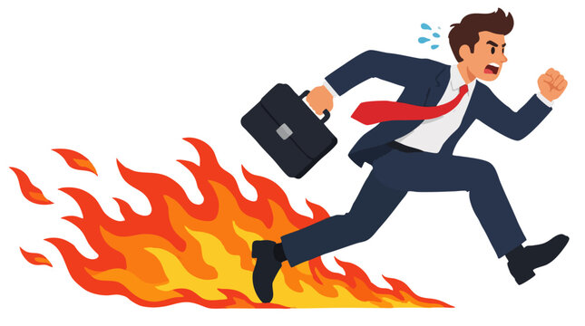Stressed businessman in suit sprinting with briefcase as flames fire trail behind his feet symbolizing burnout deadline pressure urgency and corporate crisis in bold flat vector illustration