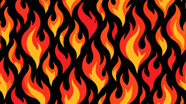 Seamless stylized fire flames pattern with bold red orange and yellow curved vector flames on black background, flat modern decorative repeated textile wallpaper design, vibrant hot fabric print