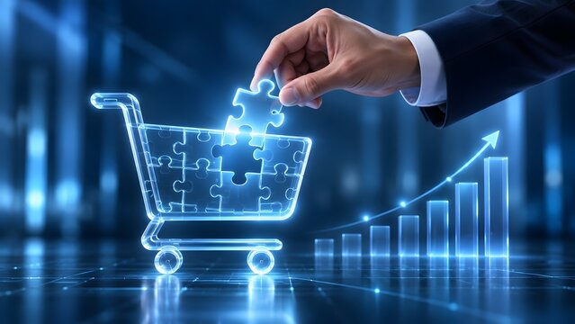 Businessman hand assembling glowing digital shopping cart puzzle with ascending growth chart representing ecommerce success