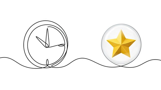 Continuous line drawing of clock and star in bubble.