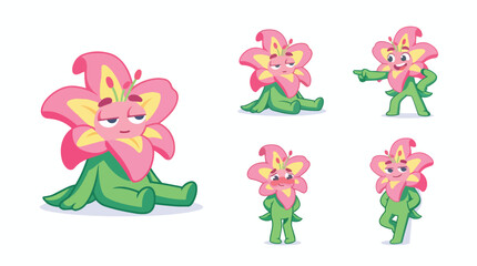 Fototapeta premium Cute Flower Character Illustration with Green Stem and Petals in Pink and Yellow Collection of