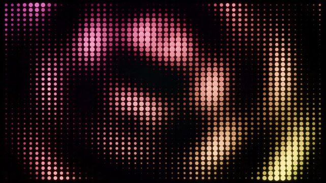 Abstract halftone LED display light grid, pink and yellow glowing dot pattern background, digital motion loop for stage backdrop