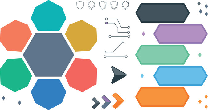 Abstract Corporate Infographic Template Set with Colorful Hexagonal Mind Map Diagrams Horizontal Banner Labels Tech Node Lines and Business Process Graphics