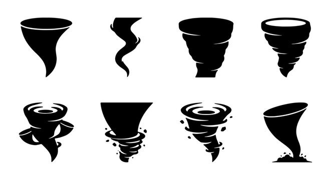 Silhouette icons representing different types of tornadoes and strong wind phenomena.