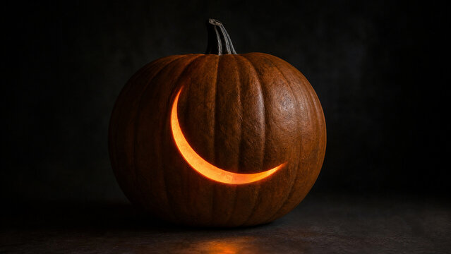 Carved pumpkin with glowing crescent moon face, spooky halloween jack o lantern, moody autumn holiday decoration on dark background