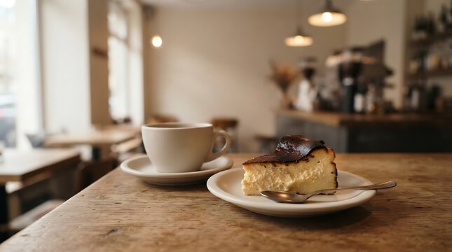 A slice of delicious burnt basque cheesecake served on a wooden table with a cup of coffee in a cozy cafe