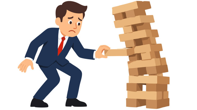 Worried businessman in dark suit carefully pulling wooden block from tall unstable wobbling Jenga tower stack, risk management business concept flat vector illustration isolated on white