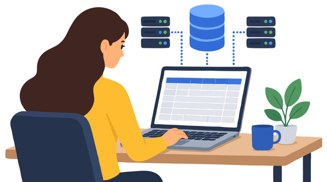 Woman working at desk on laptop with database spreadsheet grid on screen connected to cloud servers and data storage icons, data management concept illustration in modern office vector flat style