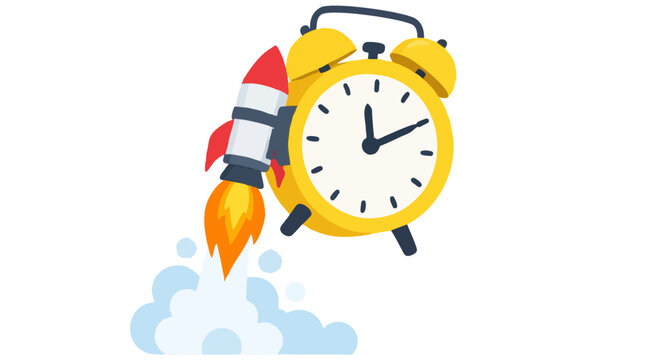 A yellow alarm clock with rocket booster launching upward with bright orange flames and smoke, symbolizing urgency, deadline, productivity, time management and fast start concept in flat vector style