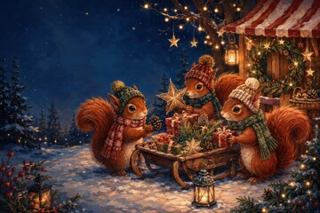 Obraz premium Woodland squirrels gather gifts beside a festive winter market stall