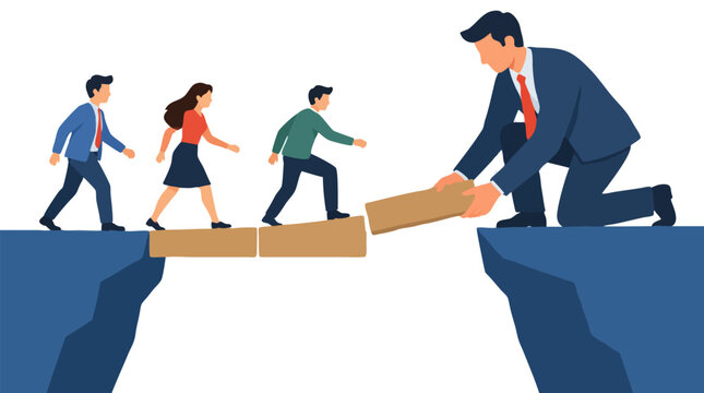 Business leader helping team cross cliff chasm by laying wooden plank bridge, symbolizing teamwork collaboration support leadership guidance and business people walking toward success together