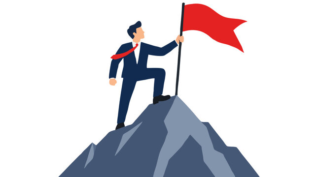 Businessman leader in navy suit planting red victory flag on mountain peak summit symbolizing business success, achievement, leadership and winning goal against white background vector illustration