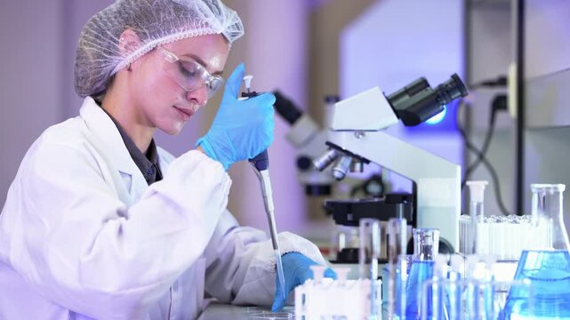 Researcher in white lab coat draws liquid with a micropipette and dispenses it into test tubes on a rack, microscope and blue flasks glowing in purple light