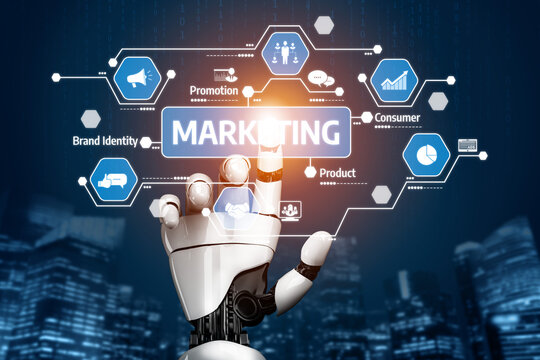 This image showcases a robotic hand interacting with digital marketing icons, symbolizing the integration of technology in promotion, branding, and consumer engagement. Tessel
