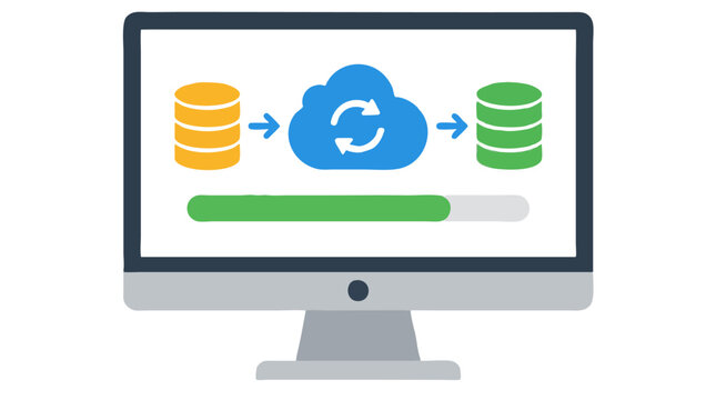 Flat vector illustration of computer monitor showing cloud data synchronization transfer from yellow database to green database with progress bar, backup concept isolated on white background