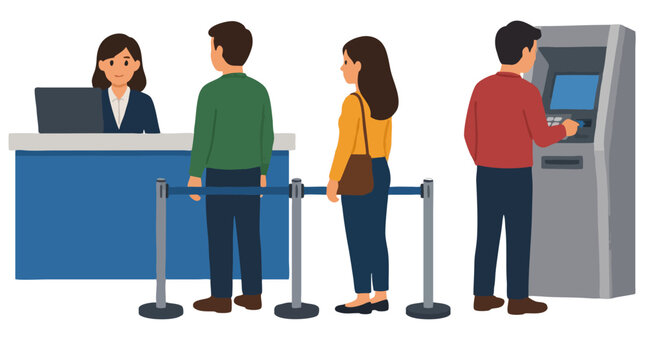 Flat vector illustration of bank customers waiting in queue rope line at blue counter with female teller while man withdraws cash from unbranded ATM machine in modern financial branch interior