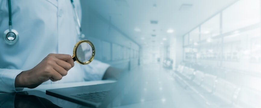 Digital healthcare research concept showing medical professional examining details with magnifying glass in modern hospital, representing clinical investigation, diagnosis and patient data analysis