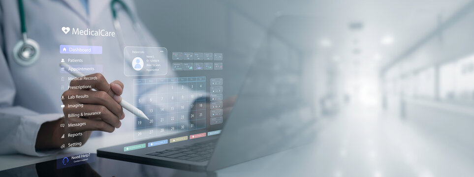 Digital healthcare management interface showing medical professional using patient dashboard to organize appointments, medical records, prescriptions and clinical data through online technology