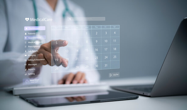 Modern healthcare technology shows a medical professional using a digital patient portal to manage appointments, records, prescriptions and care services through an online interface