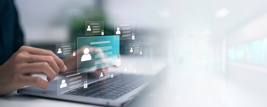 Digital identity management concept showing user profiles with security locks on laptop interface, representing data privacy, access control, cybersecurity and secure information technology