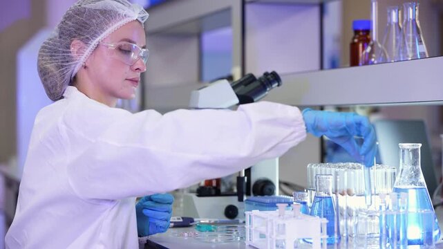 Woman in white lab coat sets down a petri dish, lifts a test tube and studies it beside a microscope, with reagent bottles on shelves above and flasks below