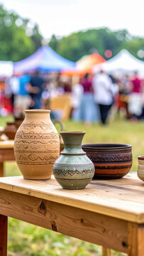 Ceramic pottery vase and bowl displayed on wooden table at outdoor craft market with colorful tent and blurred crowd