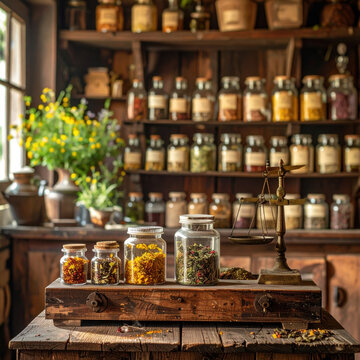 Herbal apothecary interior with glass jar, dried flower, balance scale, wooden counter, and botanical ingredient