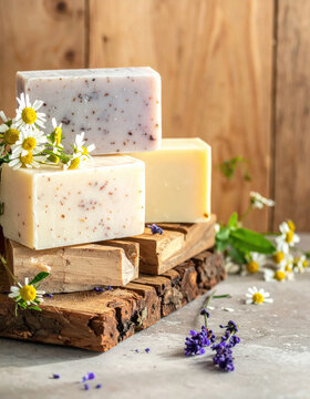 Rustic natural soap bar stack with chamomile flower and lavender on wooden board