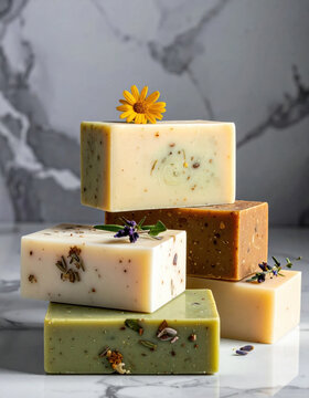 Stacked handmade soap bar with dried flower, herb, and botanical decoration on marble surface