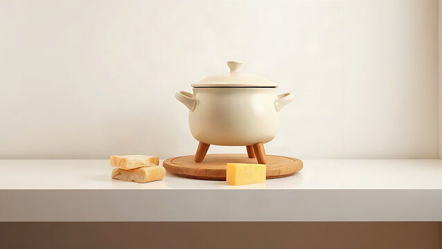 Ceramic cheese fondue pot on wooden trivet with bread cubes and cheese chunk, fondue snack concept