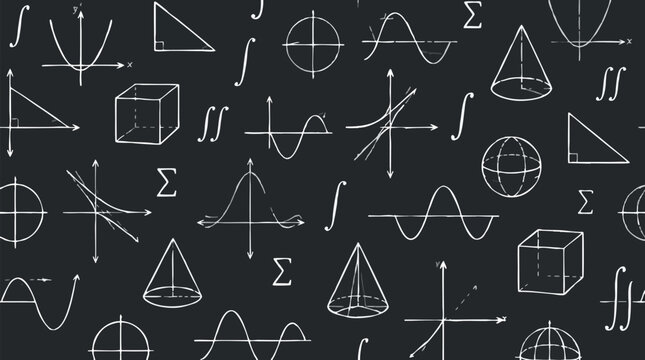 Seamless chalkboard pattern with white hand drawn math formulas, integral signs, geometric shapes, graphs, cubes, cones, spheres and algebra symbols on dark background for education decor
